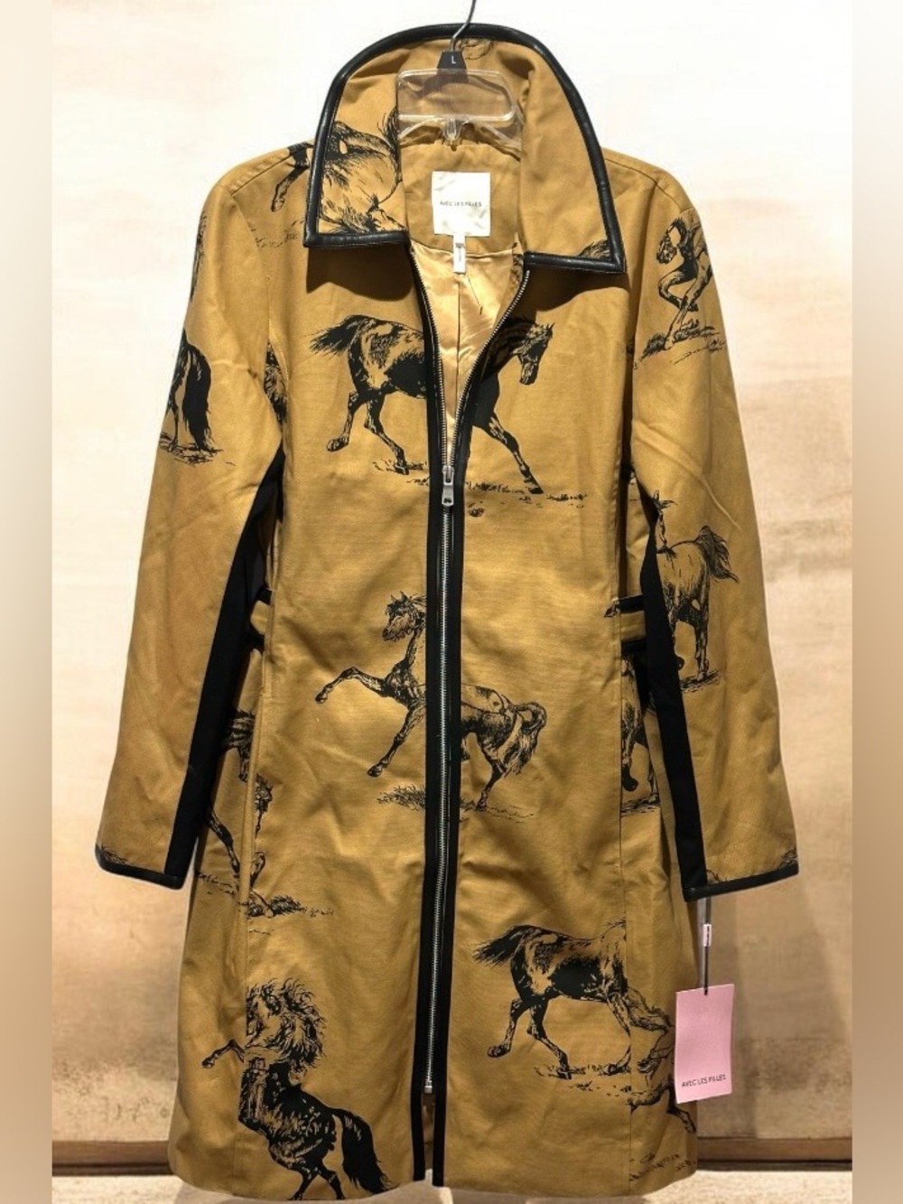 Avec Les Filles Tan Trench Coat with Black Horse Print